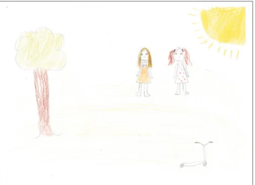 Figure 2.  One child made a drawing from a meadow and narrated about a special place: ‘We were lying  in the grass and told each other about different things like when my mother moved from home, and how I  felt then