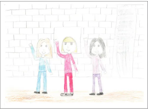 Figure 3.  One child made a drawing and narrated about three friends singing and dancing together: ‘We  pretend that we are a famous group in a music competition’ (A4).