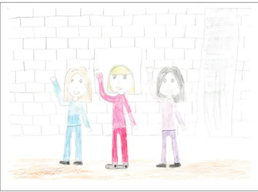Figure 3.  One child made a drawing and narrated about three friends singing and dancing together: ‘We 