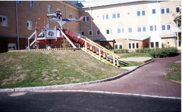 Figure 5. Stairs, sand and curbstones makes this play equipment like “Fort  Knox” for a child in a wheelchair