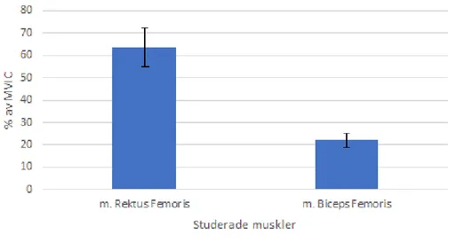 Figur 1. Medelvärde och standardavvikelse för elektromyografiskt data (normaliserat som %  av deltagarnas maximum voluntary isometric contraction (MVIC)) för respektive muskler vid  landning på stabilt underlag