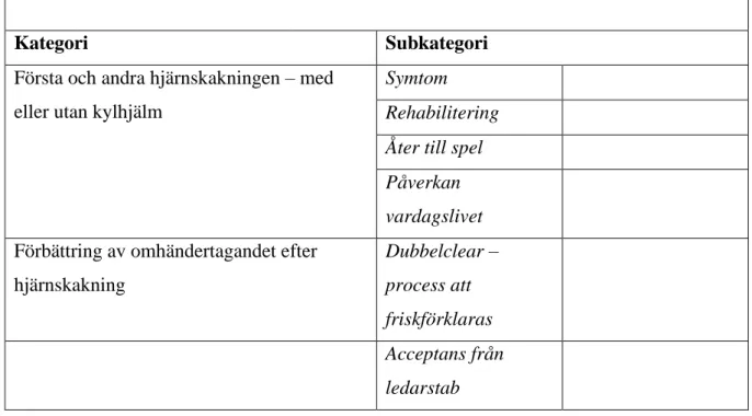Tabell 1. Indelning av kategorier och subkategorier  