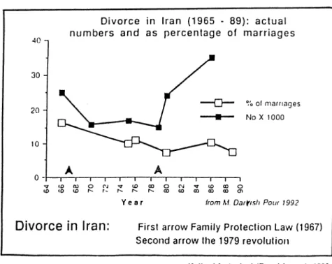 Diagram 3 D i v o r c e   in  Iran  ( 1965  -  89):  a c t u a l n u m b e r s   a n d   a s   p e r c e n t a g e   of  m a r r i a g e s 40  -i 30   -%  of  marriages  No  X  100020   1 0    -( O  CD  O   OJ  '&lt;T  CD  C O O C N i ^ l O C O O   i d &lt