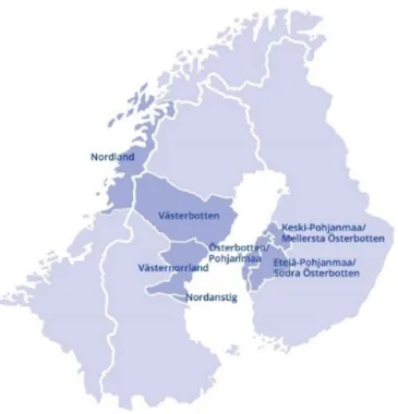 Figur 1. Botnia-Atlanticas programområde. (ref. Europeiska Unionen EU, 2015) 