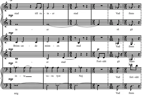 Figure 8.  Example of the chord structure for the vocal ensemble in Arrival Cities: Växjö, bar 480–485