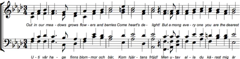 Figure 2. The beginning of the piece Uti vår hage with lyrics from the third stanza. 