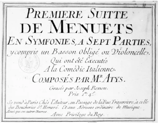 Figure 3 Front page of Atys’s Premiere Suitte de Menuets en Symfonie, a sept parties (Bibl
