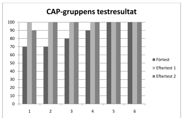 Figur 5.2 CAP-gruppens resultat på de olika testen i procent. 