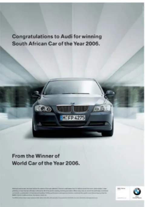 Figure 4. describes three well-known car brands. It is totally impossible to compare these cars from  the information given in the ads, which are referring to the readers’ pre-presumptions of the brands