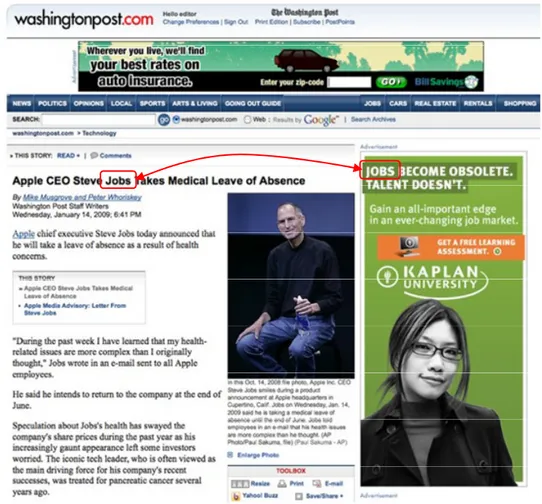 Figure 9. A mismatch between an article about Apples CEO Steve Jobs and an automated picked ad  for education