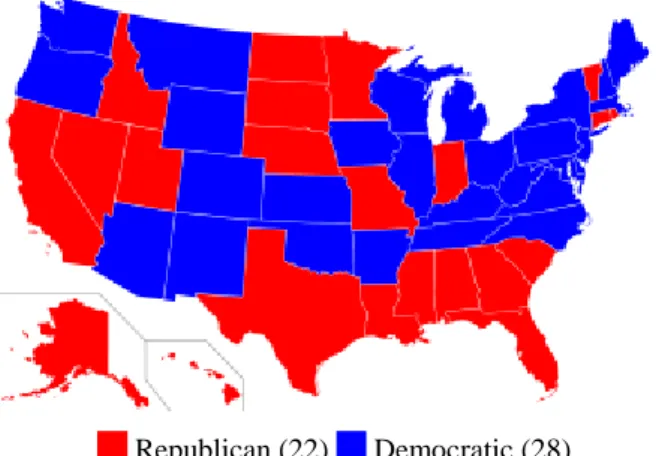 Figure A2. Distribution of democratic and republican governors in the U.S. as of January,  2008 (Wikipedia, 2008f)