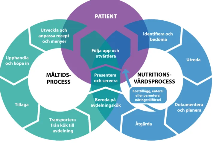 Figur 2. Nutritionsomhändertagandet på sjukhus omfattar både måltidsprocessen och nutritionsvårdsprocessen, där   nutritionsbehandling eller medicinsk nutritionsbehandling kan förekomma