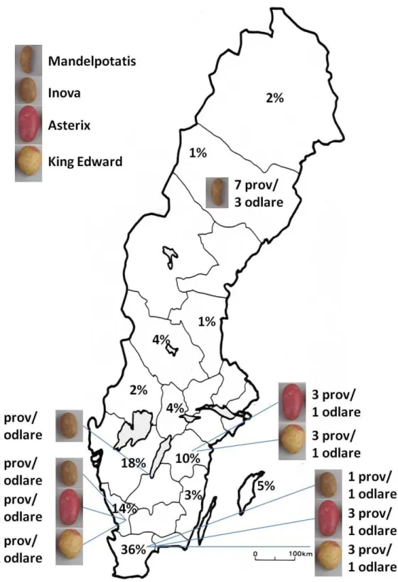 Figur 2. Geografisk provinsamling av höstpotatis. För respektive landskap anges vilka 