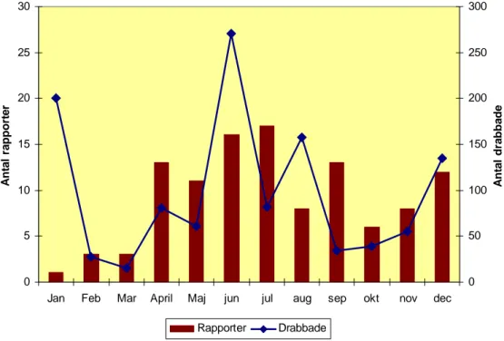Figur 3. Antalet rapporterade matförgiftningar och antalet drabbade per månad under 2005 