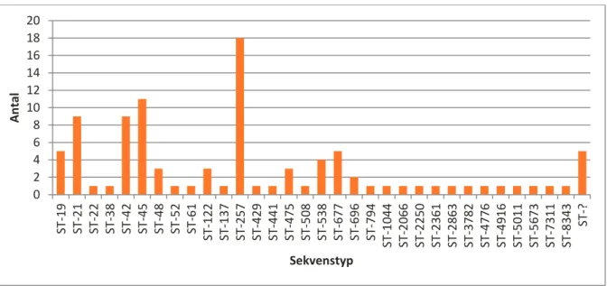 Figur 4. Sekvenstyper (ST) för de 98 kliniska isolat av campylobacter som samlades in från 17 av landets 21 regioner/län 