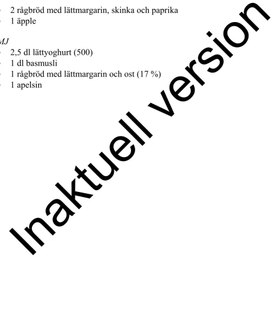 Tabell 3. Exempel på mat och dryck som innehåller 1,4 MJ/dag och 2,2 MJ/dag   1,4 MJ   •  1 äpple   •  2dl lättyoghurt naturelle  •  1 dl basmusli  •  1 dl apelsinjuice  eller 