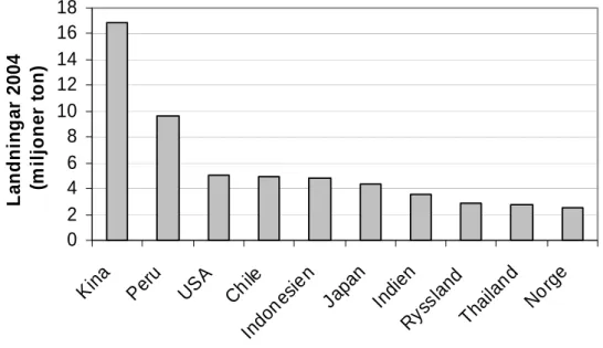 Figur 2. De tio största fiskenationerna 2004 sett till landad kvantitet (hel fisk)  