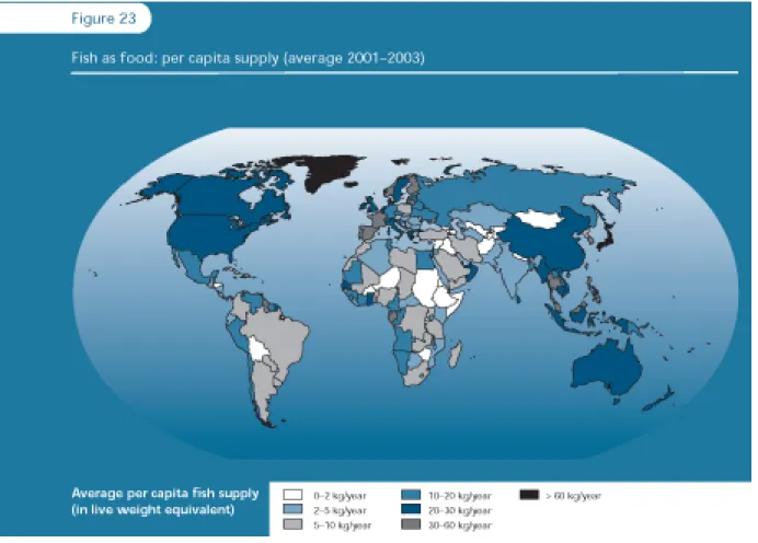 Figur 4. Fisktillgång eller konsumtion från både fiske och odling per capita 2001-2003 (i hel 
