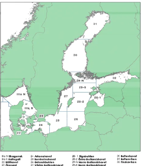 Figur 2. Karta som visar ICES områdesindelning av Östersjön samt Skagerrak och  Kattegatt