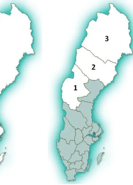 Figur 1. Områdesindelning av Sverige. Till vänster regionsindelningen för cerealier och  djur exklusive ren där; 1 är Skåne och Blekinge län; 2 är Halland, Jönköping, Kalmar  och Gotlands län; 3 är Västra Götalands län; 4 är Värmlands, Örebro, Södermanland