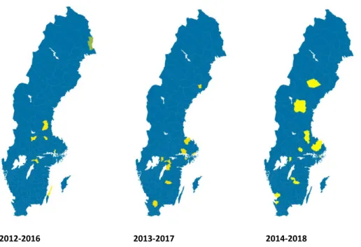 Figur 2. Kommuner som reviderats av Livsmedelsverket eller länsstyrelsen under femårsperioderna 2012-2016, 2013-2017 
