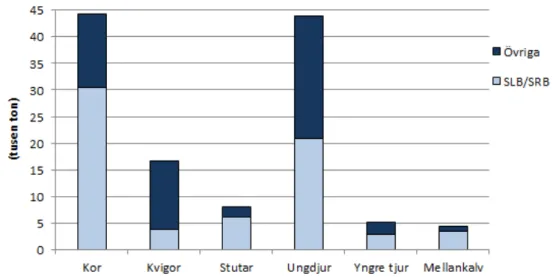 Figur 2. Slaktad mängd i Sverige 2012 uppdelat på de två vanligaste mjölkraserna (SLB/