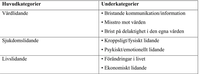 Tabell 1. Identifierade huvudkategorier och tillhörande underkategorier 