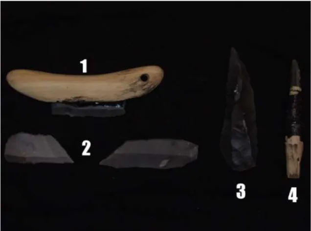 Figur 2 Olika samlade verktyg. 1: Sammansatt skrapverktyg. 2: Stickel av två storlekar