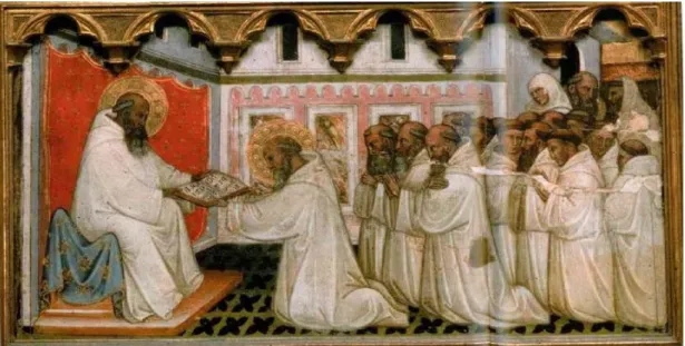 Figur 6. Sent medeltida tryck över hur den helige Benedictus överlämnar sin regel till bröderna i sin  orden
