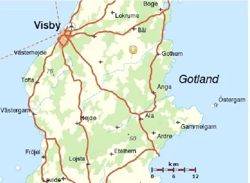 Fig 1. Hörsne 262 (markerad med R). Här ses avståndet till Visby. 