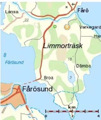 Figur 3. Fårö 53:1 (markerad med R). Här ses avståndet till Fårö kyrka och Fårösund. 