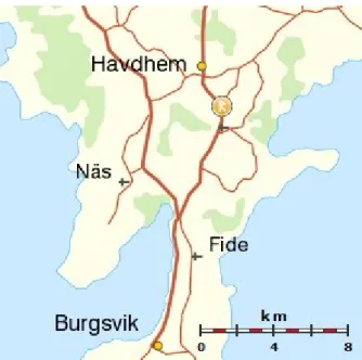 Figur 4. Grötlingbo 258:1 (markerad med R). Här ses avståndet till Havdhem och  Burgsvik