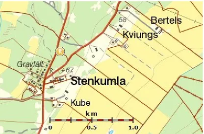 Figur 10. Stenkumla 196:1 (markerad med R). Här ses avståndet till Stenkumla och  även Stenkumla kyrka