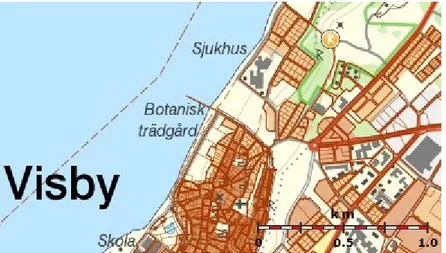 Figur 13. Visby 72:1 (markerad med R). Söder om Galgberget ses Visby innerstad. 