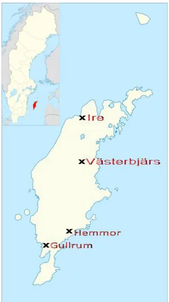Figur 1. Karta över Gotland med stenåldersboplatserna Hemmor, Gullrum, Västerbjärs och Ire