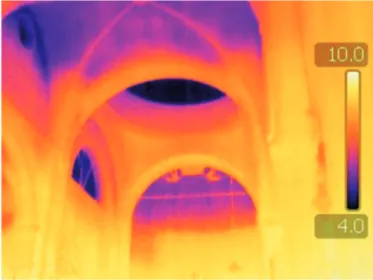 Fig. 5. Heat is lost especially  through vaults and windows,  which appear to be the  coldest areas in the thermal  image.