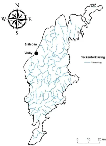 Figur 1. Karta över gotländska vattendrag med Själsöån och Visby utmärkt.