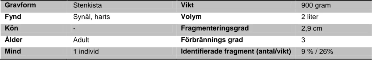 Tabell 9. Sammanställning, Grav 99 