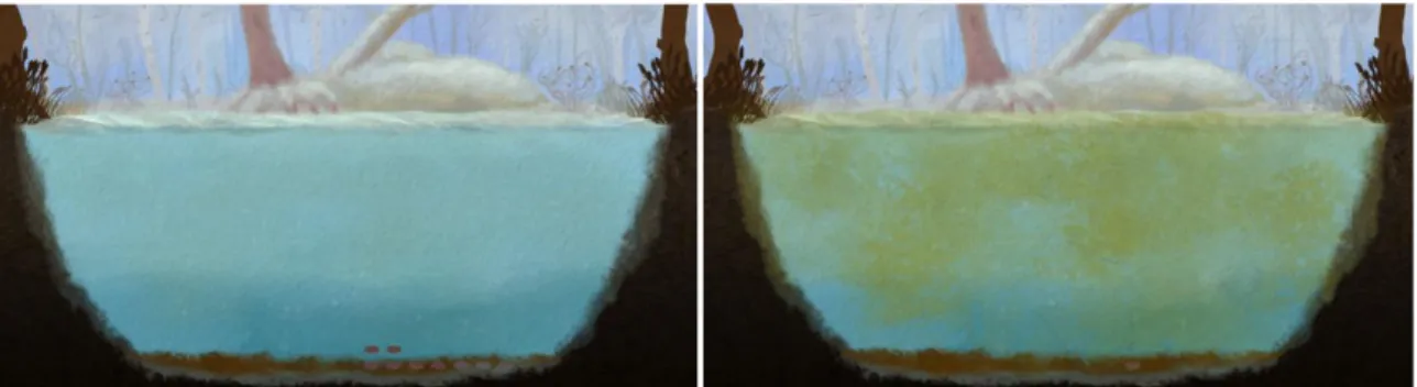 Figure 1.11. Algae Indication. Showing some of the levels of algae, the left image shows zero algae and the right  shows maximum amounts of algae