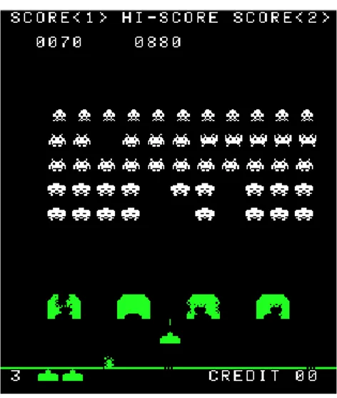 Figure 1.3. Space Invaders screen capture. Score, lives/continues are counted   with numbers, and explained  with text (and pictorial signs)