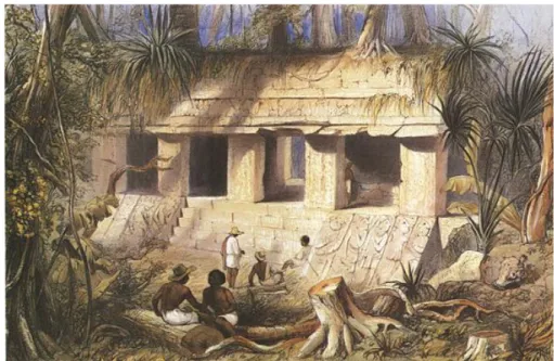 Figur 2 Fredrick Catherwoods illustration visar Palenques palats med vegetation  runt om