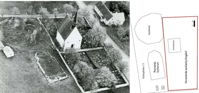 Figur 1. Vänster visar kyrkoruinen/äldre kyrkogården respektive korkyrkan/nya kyrkogårdens förhållande till varandra  (Flygfoto: Waldemar Falck, 1987)
