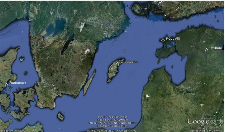 Figur 4. Illustrationen visar en överblick över de fyra undersökta lokalerna. Rudemark i  Danmark, Gisslause på Gotland, Köpu VIII och Umbusi i Estland