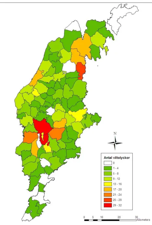 Figur 5. Karta över Gotland visande totalt antal rapporterade rådjursolyckor  sockenvis från år 2005 till 2012-04-08