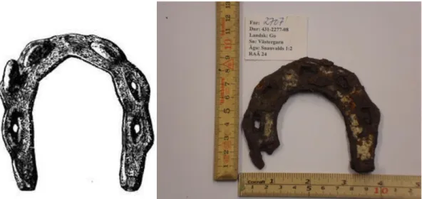 Figur 8. Den vänstra bilden är en skiss av en ”Keltisk sko” från Dijon (Ekman 2007:127)  och den högra bilden visar en fliksko i Västergarn materialet