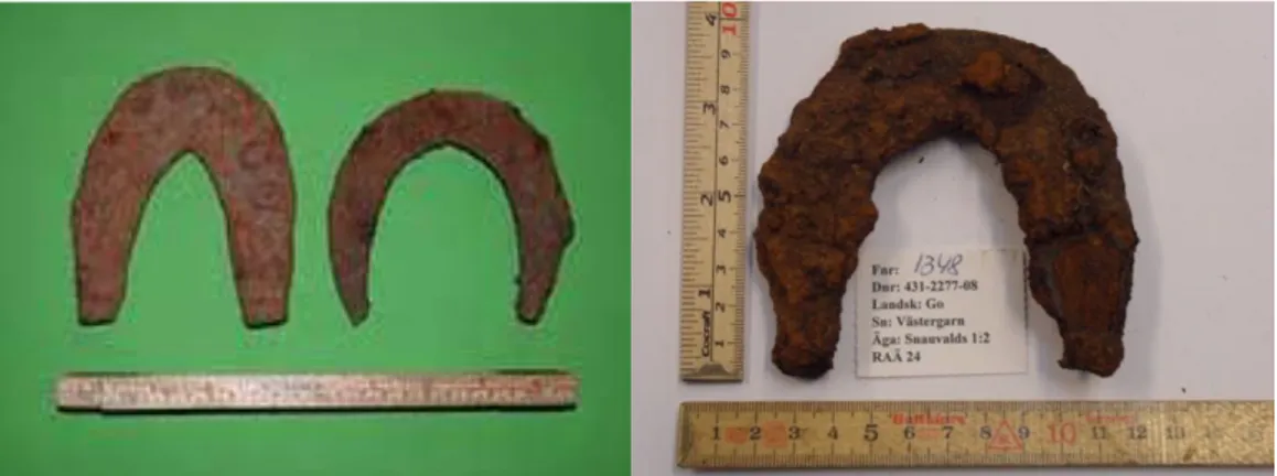 Figur 9. Den vänstra bilden visar en triangelsko och en toffelsko hittade 1970 under en  utgrävning av dumpmassa vid London Bridghe i England (Clark 2004:89)