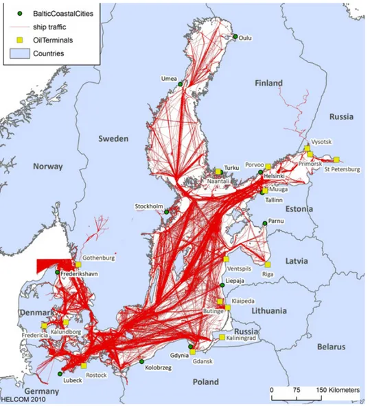 Figure 1. Ship traffic in the Baltic Sea based on the HELCOM AIS during one week in  November 2008 (Figure from HELCOM 2011) 