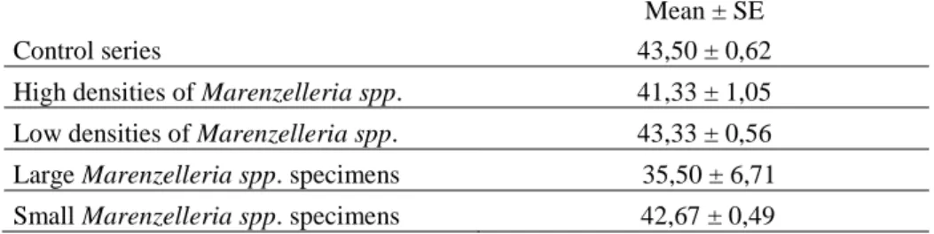 Table 5. Mean number ± standard error of surviving amphipods in each treatment.  Mean ± SE 