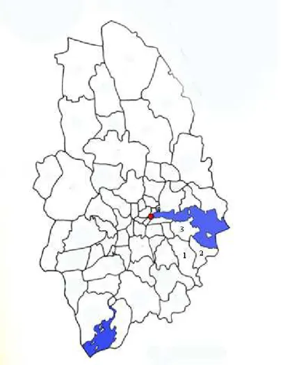 Fig. 1 Karta över Örebro län. 1. Askers socken 2. Lännäs socken 3. Stora  Mellösa socken 