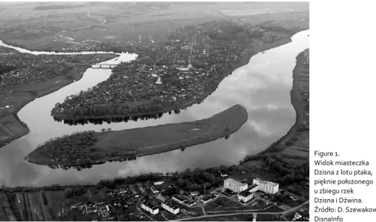 Figure 1.  Widok miasteczka  Dzisna z lotu ptaka,  pięknie położonego  u zbiegu rzek  Dzisna i Dźwina